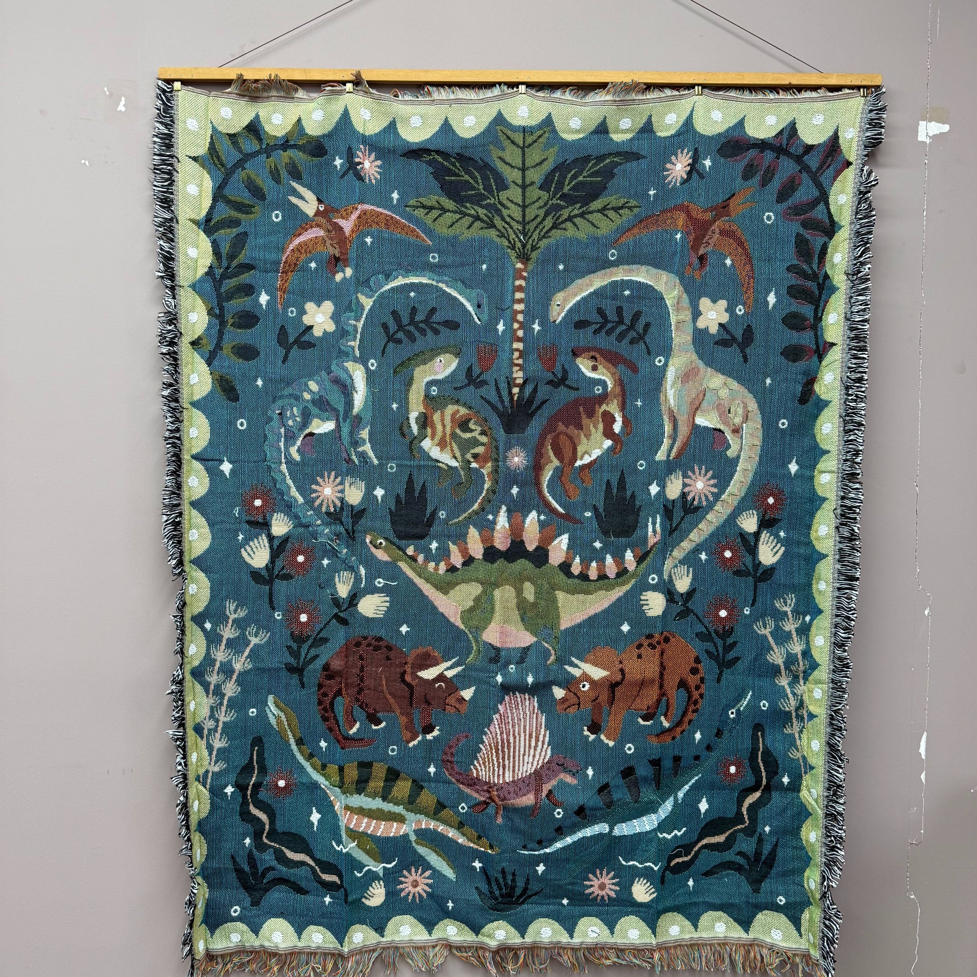 "Jurassic Garden" Dinosaur Woven Tapestry | Folk Art Prehistoric Blanket - Fucolina