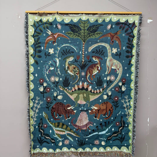 "Jurassic Garden" Dinosaur Woven Tapestry | Folk Art Prehistoric Blanket - Fucolina