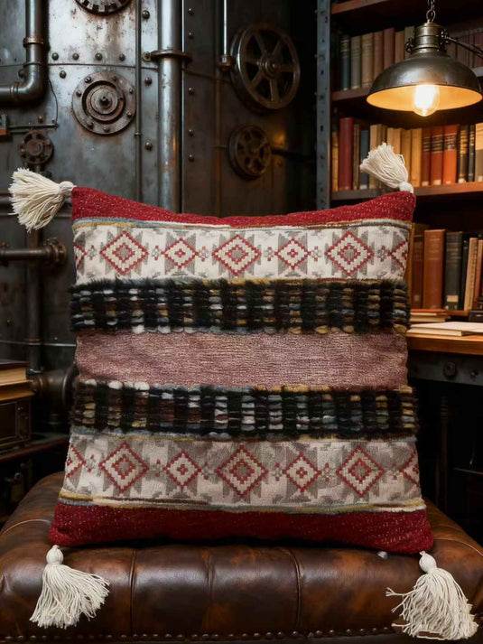 Ethnic - style Geometric - patterned Tassel Jacquard Throw Pillow (Red - Brown Retro Color) - Fucolina