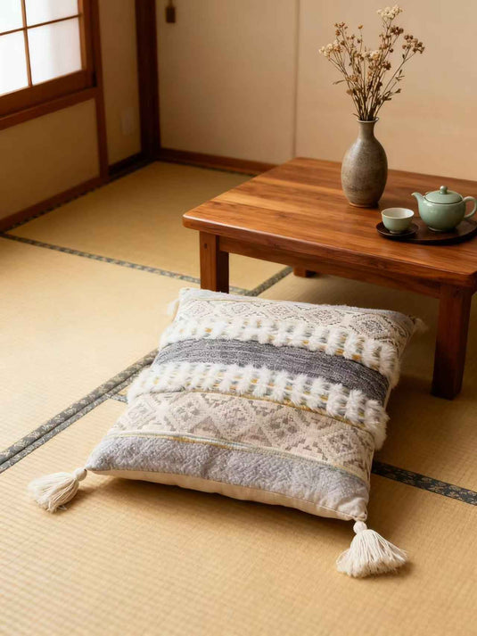 Ethnic - style Geometric - patterned Tassel Jacquard Throw Pillow (Light Gray - Beige Color) - Fucolina