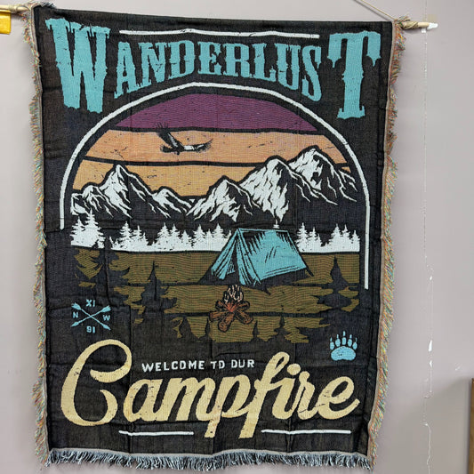 "Wanderlust Campfire" Woven Tapestry Blanket | Vintage Mountain Adventure Decor - Fucolina