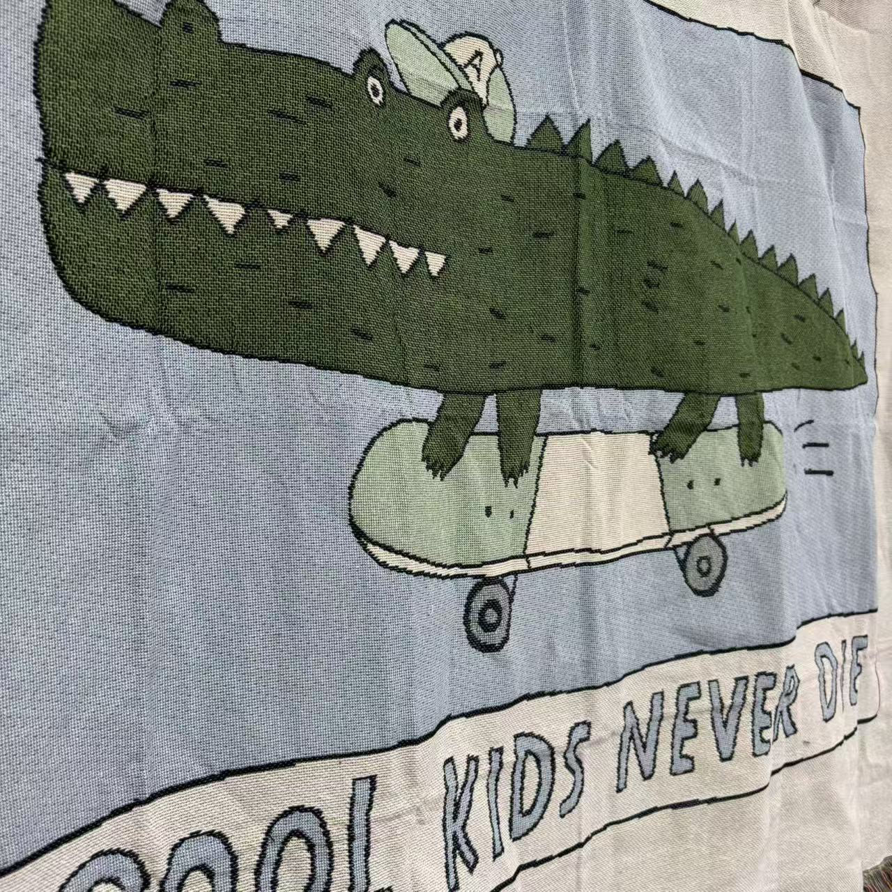 Cool Skater Crocodile Woven Throw Blanket | Kids Cartoon Tapestry & Sofa Cover | Cool Kids Never Sleep - Fucolina