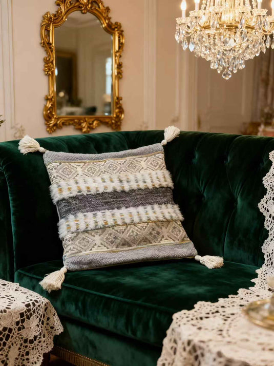 Ethnic - style Geometric - patterned Tassel Jacquard Throw Pillow (Light Gray - Beige Color) - Fucolina