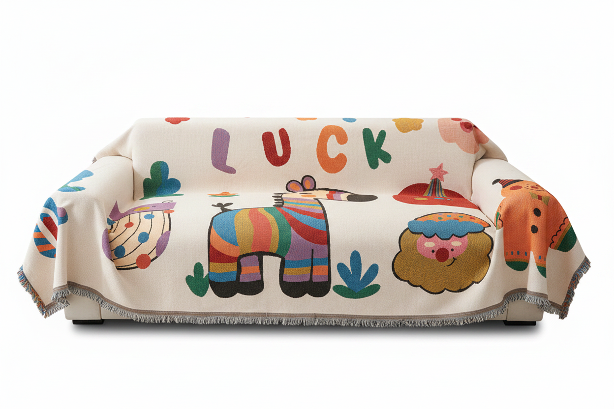 Colorful Cartoon Sofa Throw on White Sofa