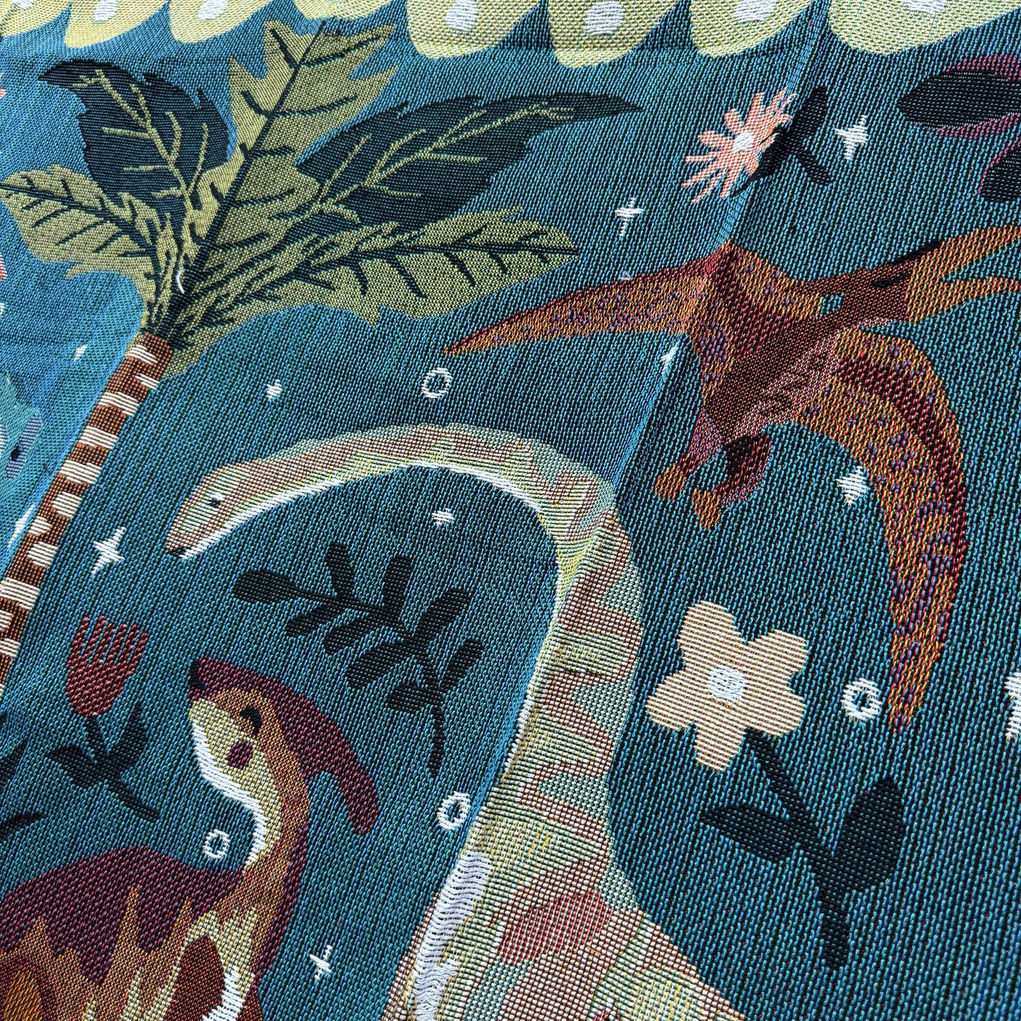 "Jurassic Garden" Dinosaur Woven Tapestry | Folk Art Prehistoric Blanket - Fucolina