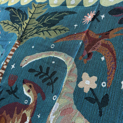 "Jurassic Garden" Dinosaur Woven Tapestry | Folk Art Prehistoric Blanket - Fucolina