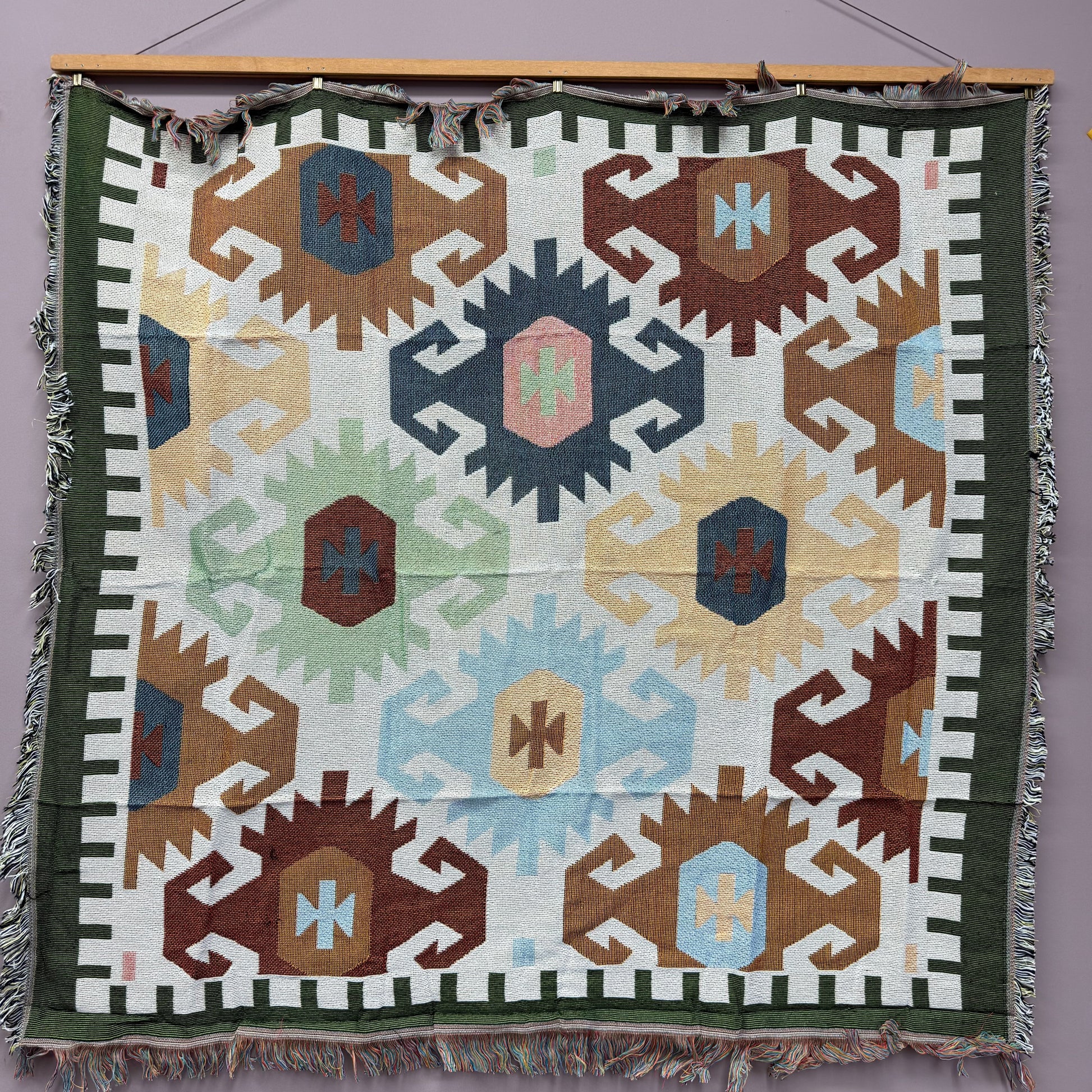 Kilim Style Geometric Patchwork Woven Blanket | Folk Art Farmhouse Tapestry - Fucolina