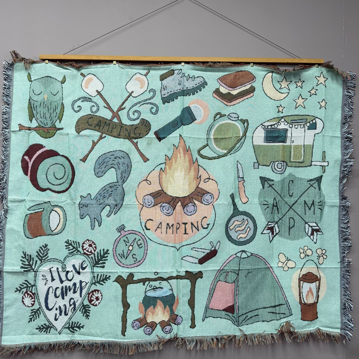 "I Love Camping" Woven Tapestry Blanket | Cute Outdoor Adventure Pattern Decor - Fucolina