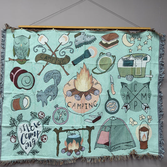 "I Love Camping" Woven Tapestry Blanket | Cute Outdoor Adventure Pattern Decor - Fucolina