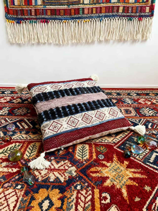 Ethnic - style Geometric - patterned Tassel Jacquard Throw Pillow (Red - Brown Contrast Color) - Fucolina
