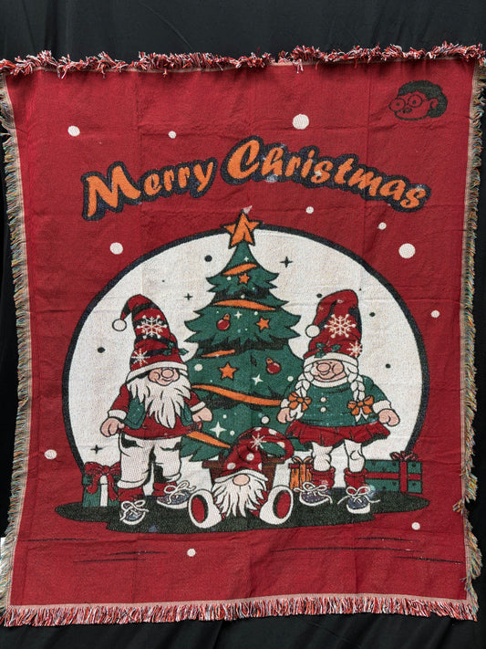 Red Merry Christmas Gnomes Woven Blanket | Festive Holiday Tapestry Decor - Fucolina