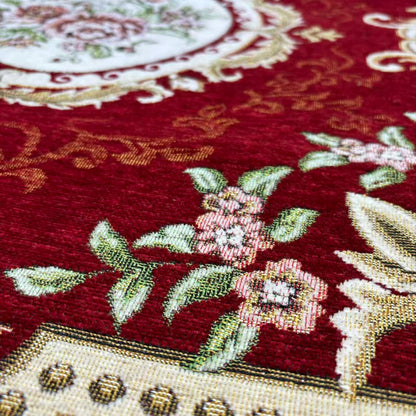 【Exquisite Red Floral Square Rug】Elegant medallion pattern with pink blooms & gold trim. Perfect for living room or bedroom décor. Classic Persian-inspired luxury. - Fucolina
