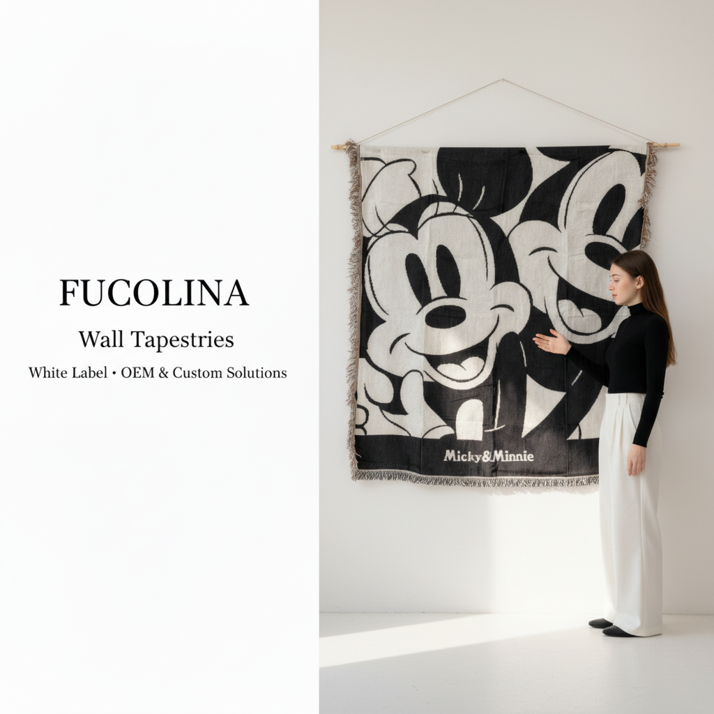 Black White Mickey Minnie Jacquard Wall Tapestry with Model - Fucolina