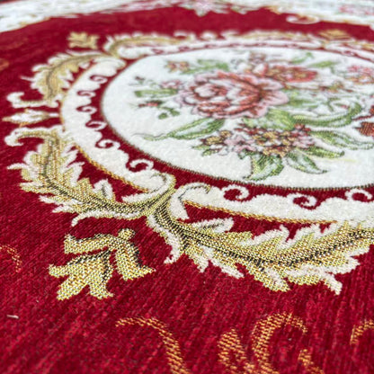 【Exquisite Red Floral Square Rug】Elegant medallion pattern with pink blooms & gold trim. Perfect for living room or bedroom décor. Classic Persian-inspired luxury. - Fucolina