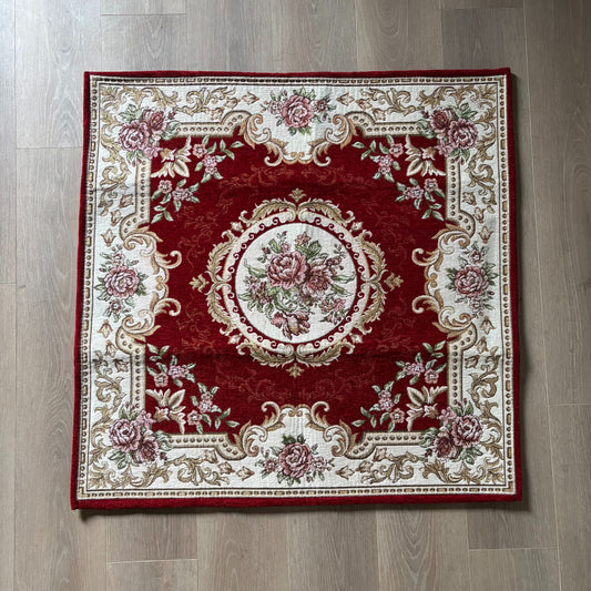 【Exquisite Red Floral Square Rug】Elegant medallion pattern with pink blooms & gold trim. Perfect for living room or bedroom décor. Classic Persian-inspired luxury. - Fucolina