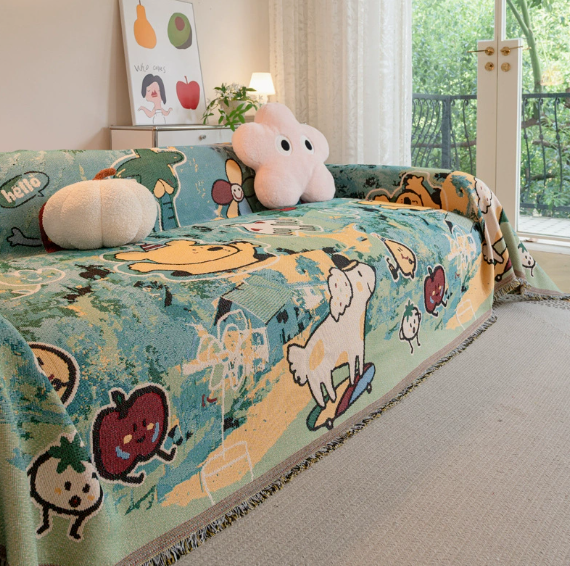 Cartoon Garden Jacquard Sofa Throw | Teal & Beige | OEM/ODM Low MOQ