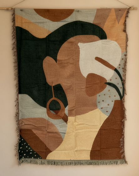 Abstract Woman Portrait Jacquard Wall Tapestry | Terracotta & Sage | OEM/ODM Low MOQ