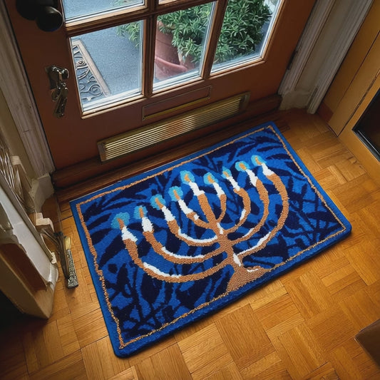 Menorah Tufted Rug | Hanukkah Themed Decor Mat | Festival Accent Rug