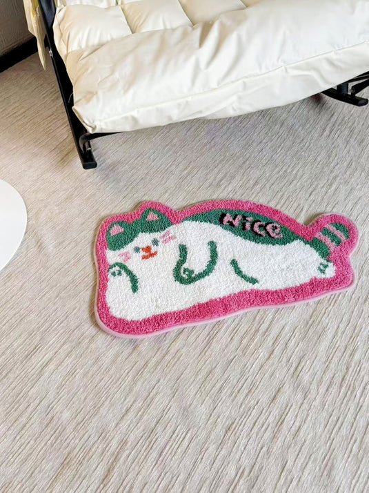 Plush Cat Rug with "NICE" Design and Green Band - Fucolina