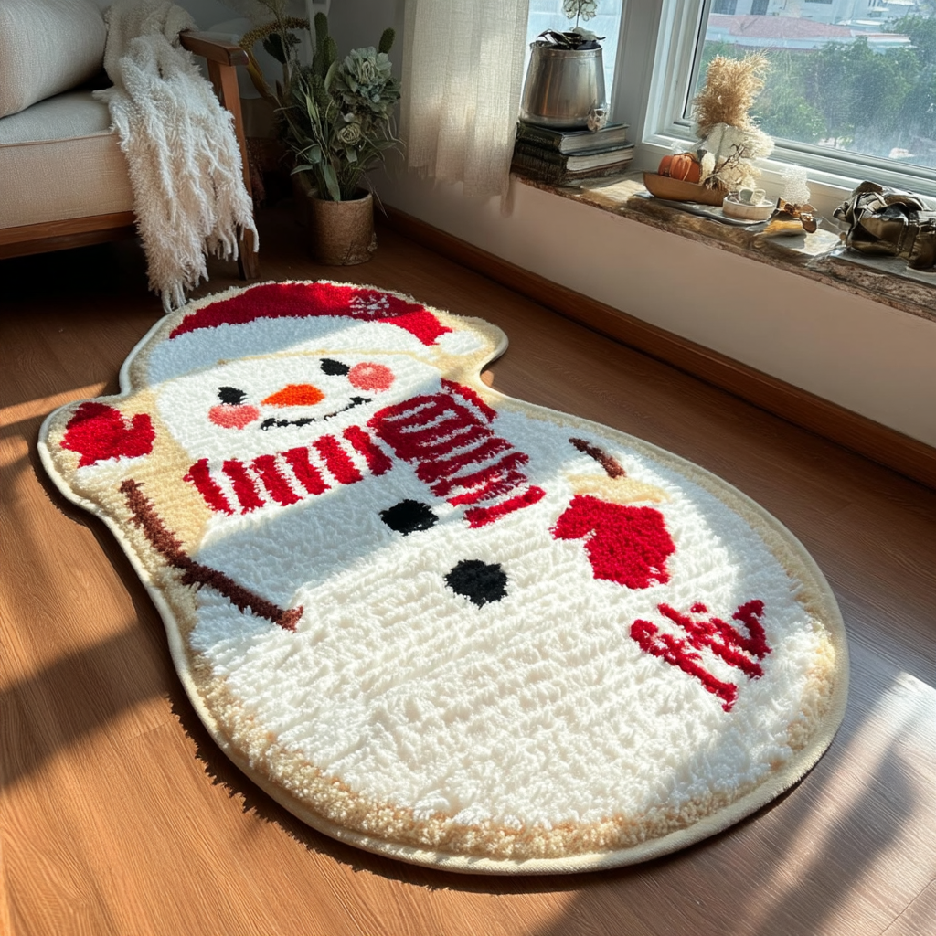 Cute Snowman Shaped Tufted Rug | Christmas Holiday Decor Mat | Winter Themed Accent Rug - Fucolina