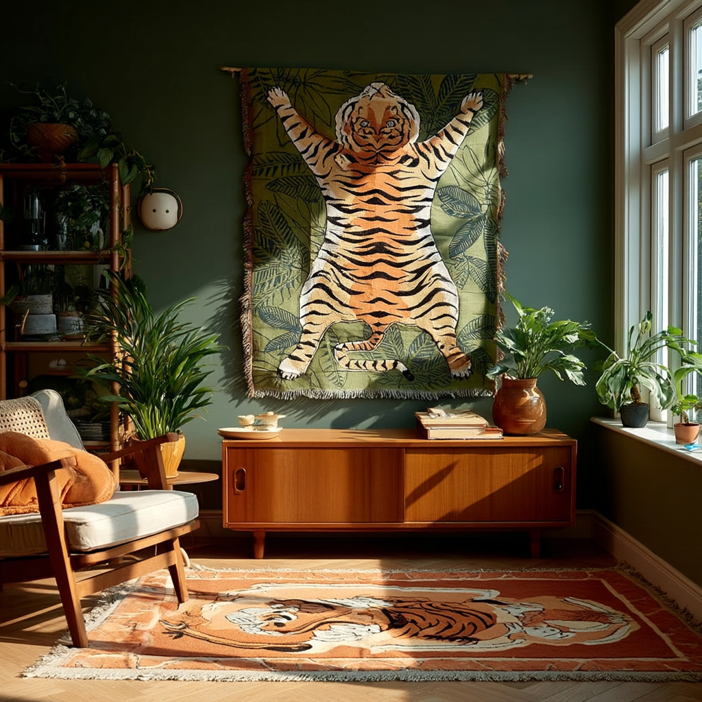 "Tiger Rug" Graphic Woven Tapestry | Jungle Cat Bohemian Wall Hanging - Fucolina