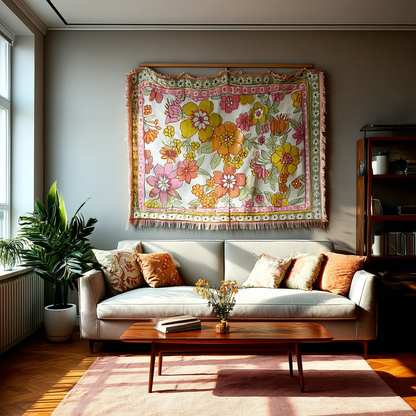 Retro 70s Floral Woven Blanket | Vintage Flower Power Tapestry Wall Hanging - Fucolina