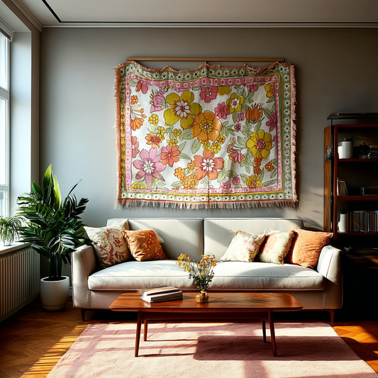 Retro 70s Floral Woven Blanket | Vintage Flower Power Tapestry Wall Hanging - Fucolina